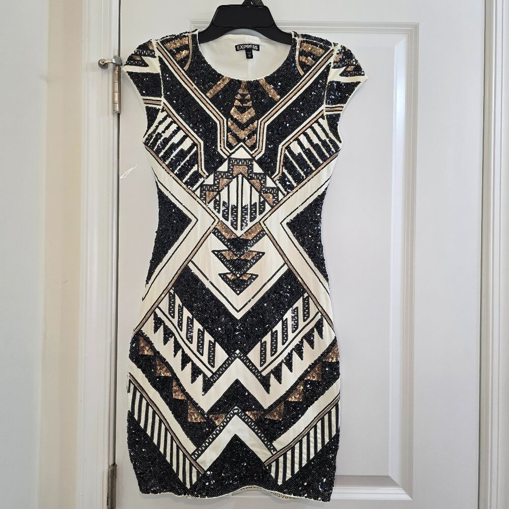 Express Geometric Sequin Bodycon Dress - Aztec, Gatsby, 20's, Holiday Party - Picture 2 of 11